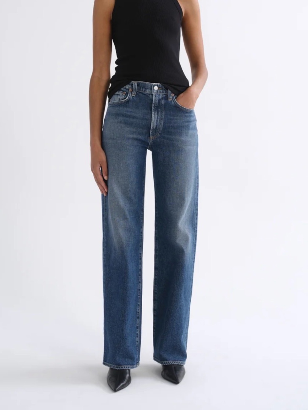 Agolde Straight Leg High-Rise Jeans in Medium Blue Wash